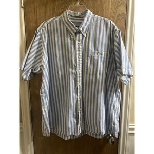 Vintage Harbor Bay Men's Blue White Striped Short Sleeve Button Up Shirt Cotton